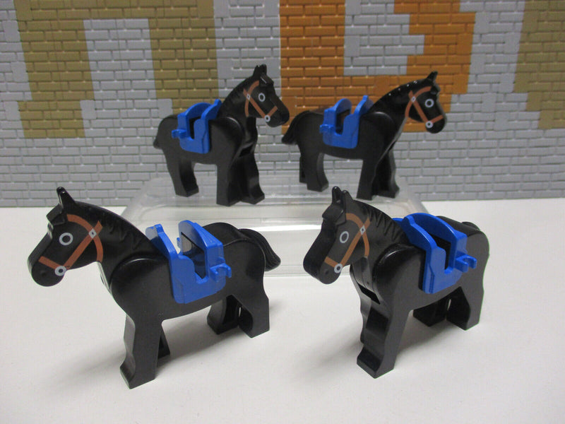 D10/6 ) Lego 4x Pferde schwarz mit blauem Sattel  Ritter Western Hobbit