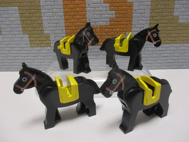 D10/13 ) Lego 4x Pferde schwarz mit gelbem Sattel  Ritter Western Hobbit