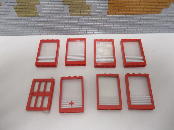 (F12/18) Lego  7x Fenster 1x4x5 + Tür rot City Haus Gebäude