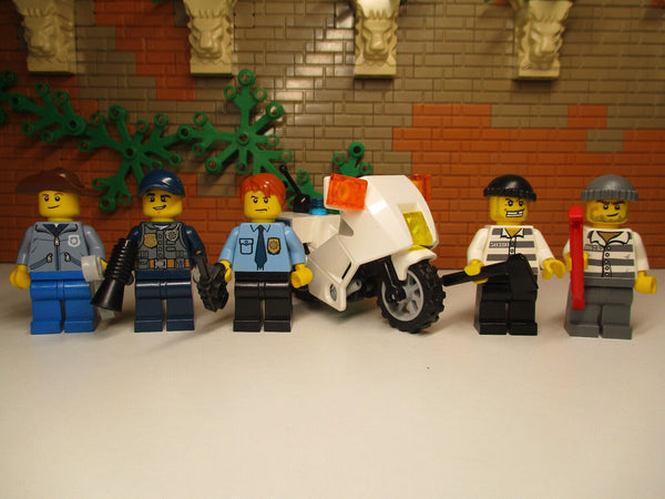 (L5/5/11 ) LEGO 5 Polizei Minifiguren + Zubehör und Motorrad Figuren City